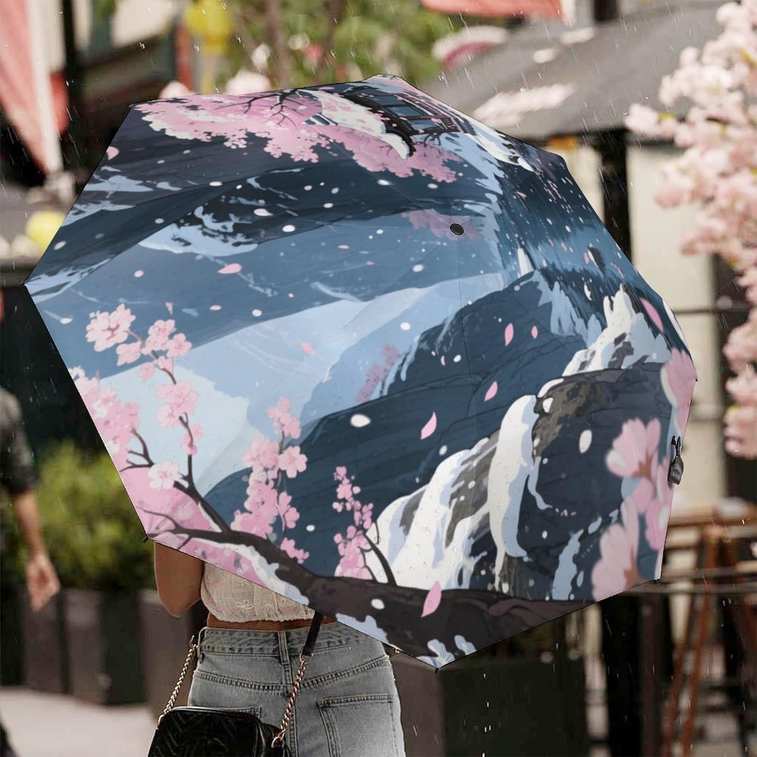 Cherry Blossom Snowy Valley Automatic Golf Umbrella Folding Umbrella | Windproof Travel Umbrella Portable Compact Umbrella with Storage Pouch for Golf Backpack Men Women