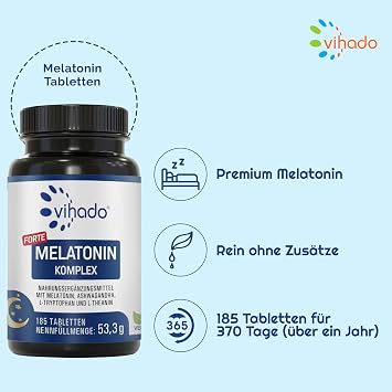 Vihado Melatonin Tablets High Dose - 370 Nights Forte Complex Vegan - Pure without Additives - Plus L-Theanine L-Tryptophan Ashwagandha 185 Tablets Melatonin 1