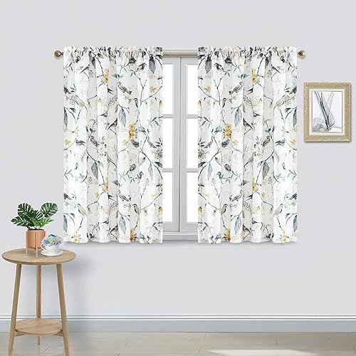 VOGOL Cenefa y cortinas con patrón de pájaros y flores grises, decoración rústica para el hogar, para granja, cocina, sótano, baño