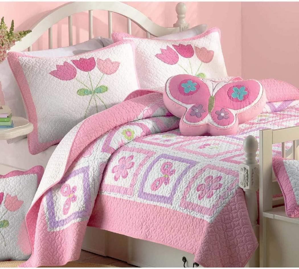 HT 2 Piece Girls Multi Color Butterfly Flower Printed Quilt Set Twin, Green Pink White Square Box Floral Animal Printed Teen Themed Kids Bedding for Bedroom Cuddly Fancy Colorful, Cotton