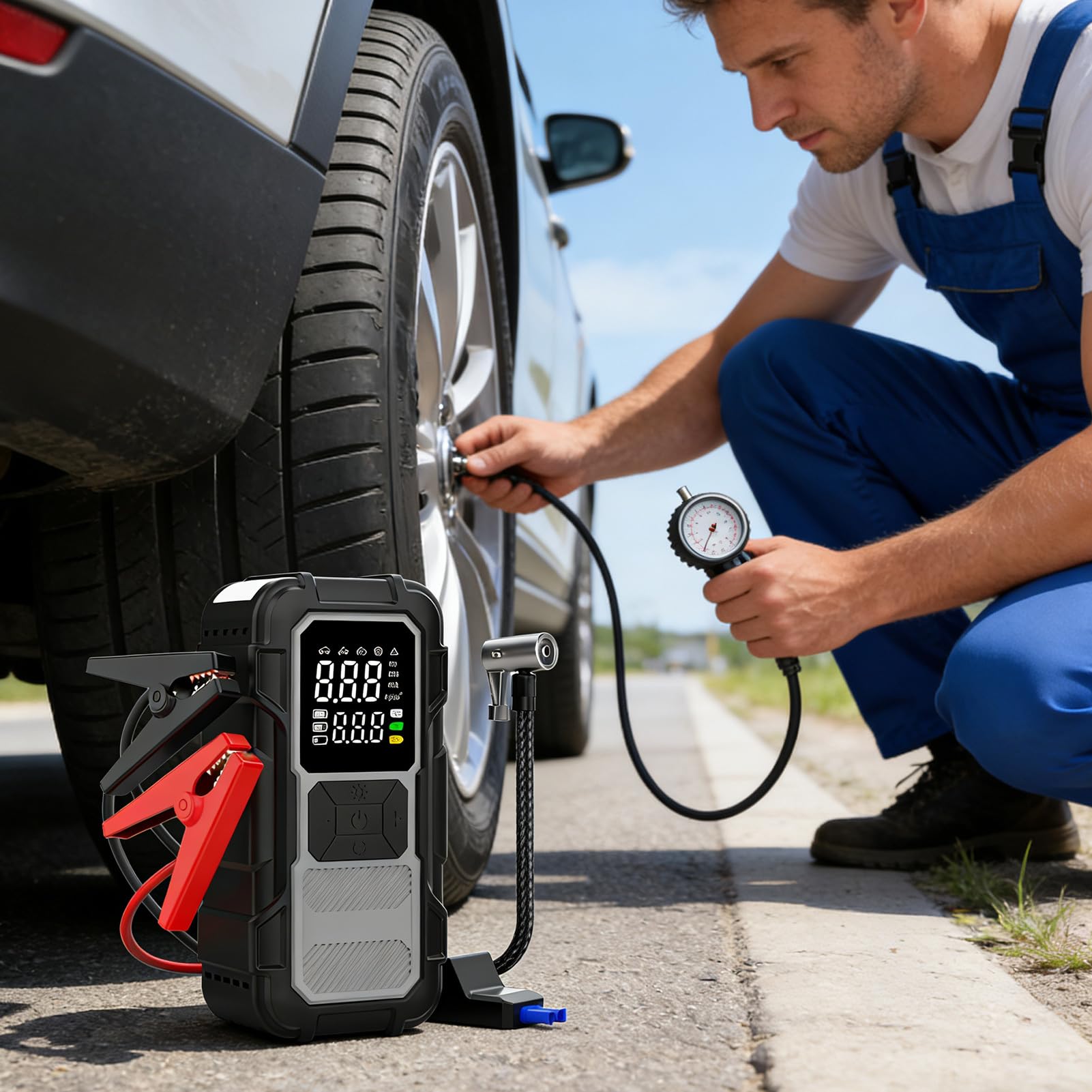 Avviatore per auto - Batteria esterna 12 V con cavi di avviamento, avviamento per veicoli con compressore d'aria | per gonfiaggio dei pneumatici e viaggi lunghi su strada e urbani