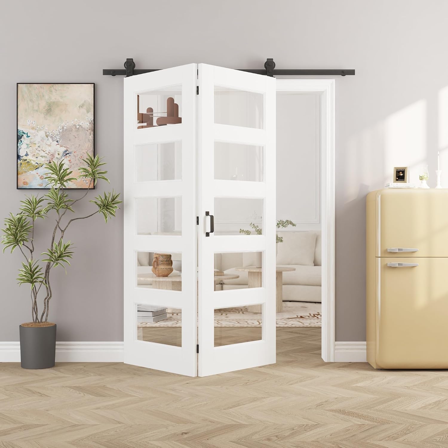48" x 80" Pre-Assambled 5-Lites Clear Glass Bifold Barn Door with 64" Track Hardware Kit Included, MDF Panel Bi Fold Barn Doors, Sliding Closet Door with Excellent Sound Insolution, Easy to Clean