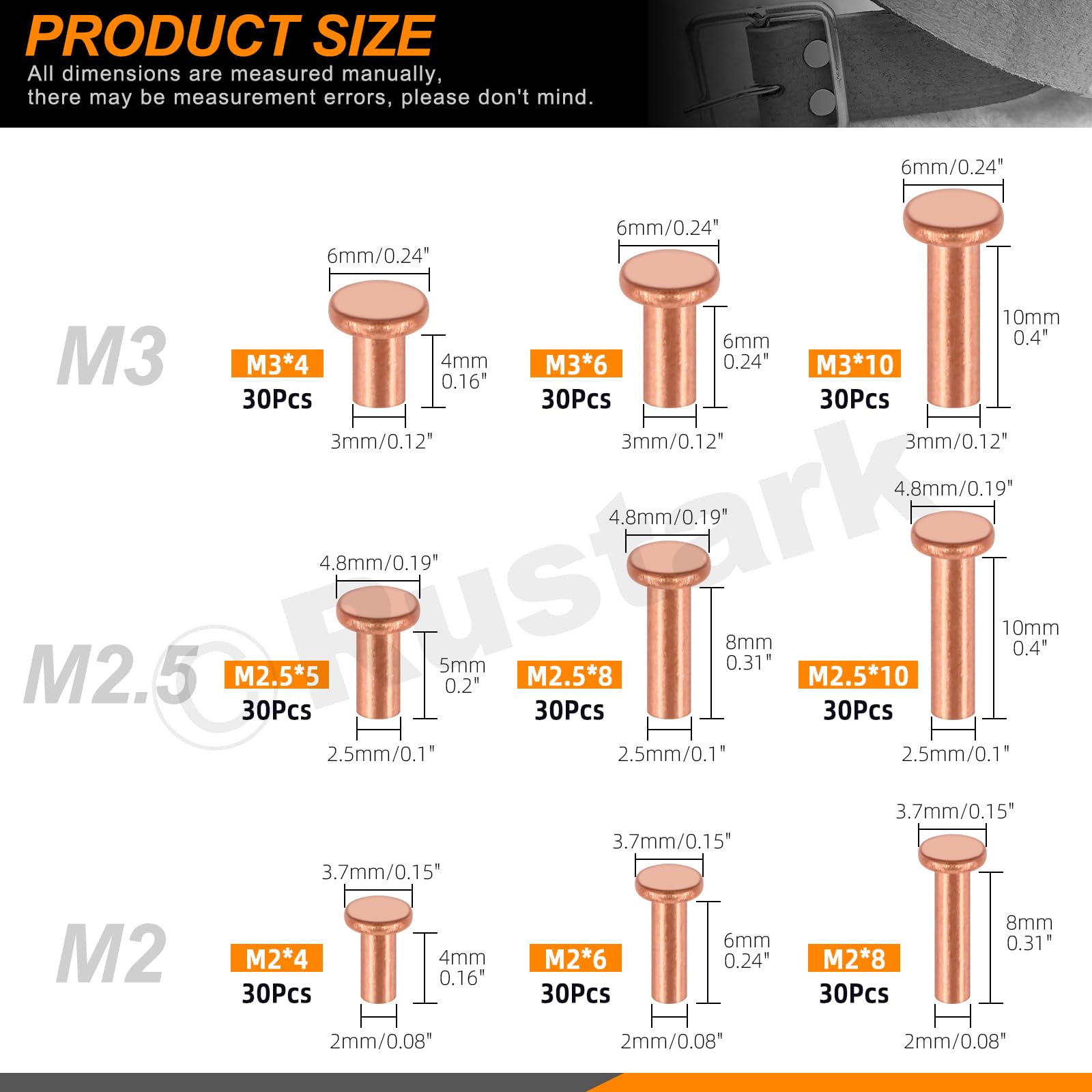 Snapklik.com : 270Pcs M2 M2.5 M3 Copper Solid Rivets Flat Head Copper ...