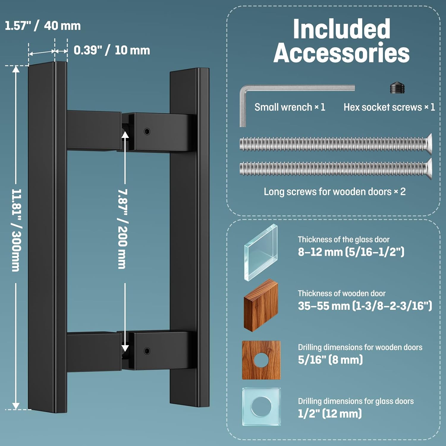 Ranbo 12" Ladder Style Push Pull Door Handle, 200mm (7-7/8") CTC, 1.2mm Thick 304 Stainless Steel, Fits 6–19mm (1/4"–3/4") Glass Doors, for Shower, Barn and Interior Doors,Matte Black
