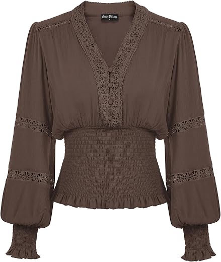 Scarlet Darkness Women's Renaissance Peasant Blouse V Neck Lantern Sleeve Lace Smocked Tops