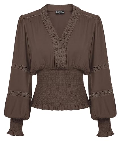 SCARLET DARKNESS Women Renaissance Tops Lace V Neck Lantern Sleeve Smocked Blouse - L - Brown