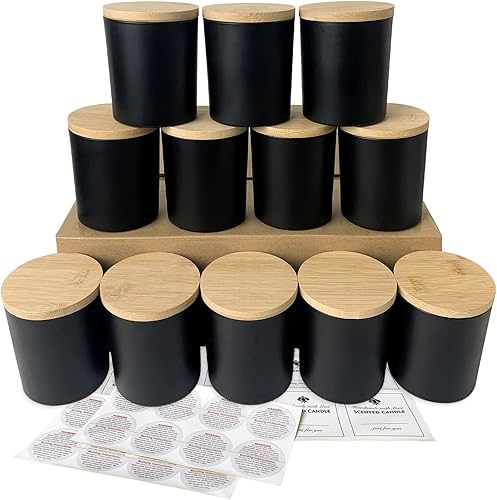 CONNOO Paquete de 12 tarros de vela de vidrio negro mate de 10 onzas para hacer velas con tapas herméticas de bambú, bonitas etiquetas de