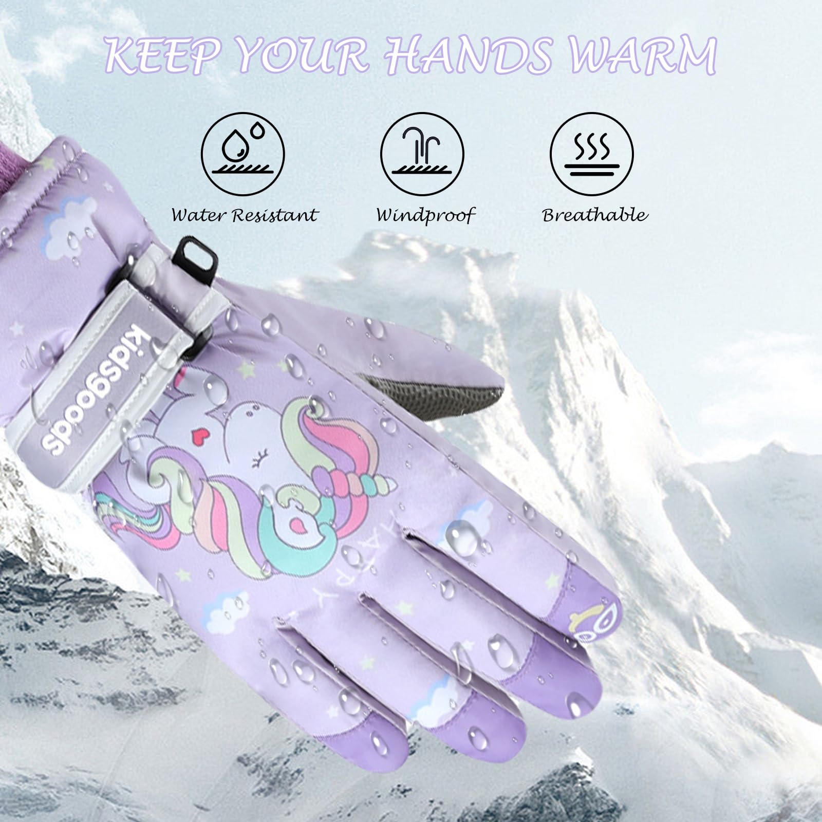 Gants de ski imperméables pour enfants - Motif licorne - Pour l'hiver - Chaudes - Antidérapantes - Coupe-vent - Pour le snowboard - Course à pied - Randonnée - Ski - Cyclisme