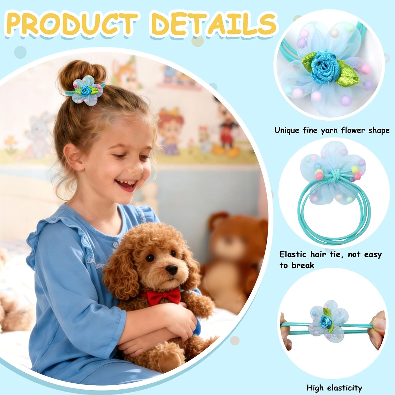 10 PCS Toddler Hair Ties for Girls, Flower Baby Hair Tie Elastic Scrunchies No Damage Seamless Ponytail Holders for Toddler Girls (Pink, Purple, Rose red, Yellow, Blue)