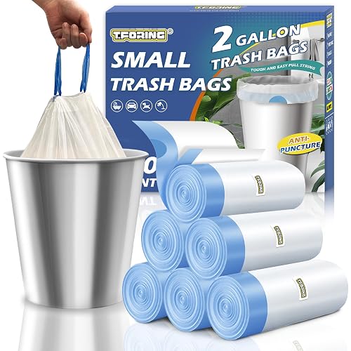 Small 2 Gallon Trash Bags Drawstring,0.96 Mil,Unscented,120 Count | Tear-Free,Leakproof,Strong Garbage Can Liners,White,Fit 5 - 7.5 Liter Waste Bins,for Home Bathroom Office Car Everyday Use