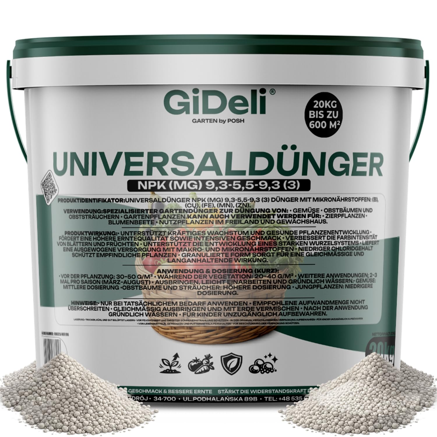 GiDeli Universaldünger 20 kg Eimer - Chloridarm Granulat für Gemüse Obst