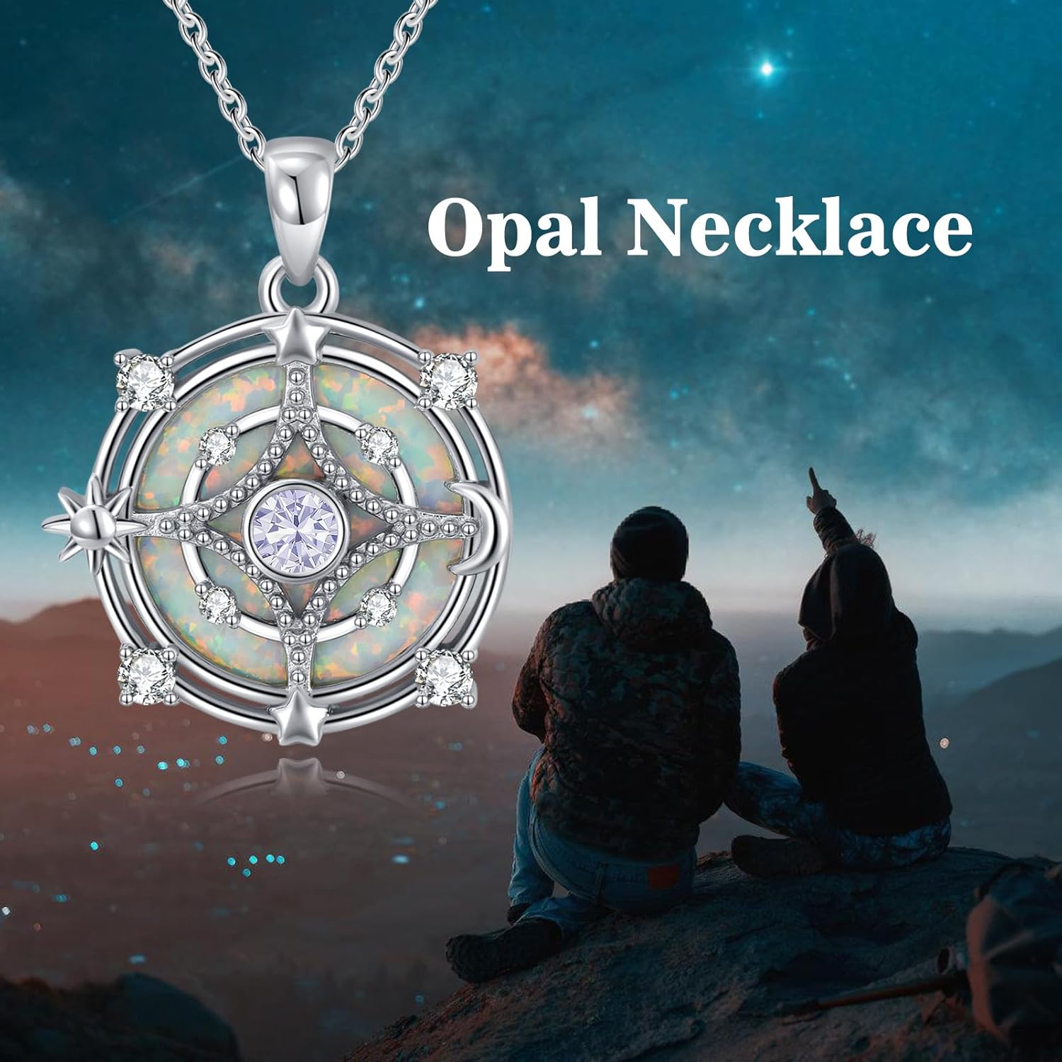 Opal Compass Necklace for Women Opal Necklace for Women Sun Moon Star Pendant 925 Sterling Silver North Star Anniversary Birthday Gifts Jewelry for Her - Image 4