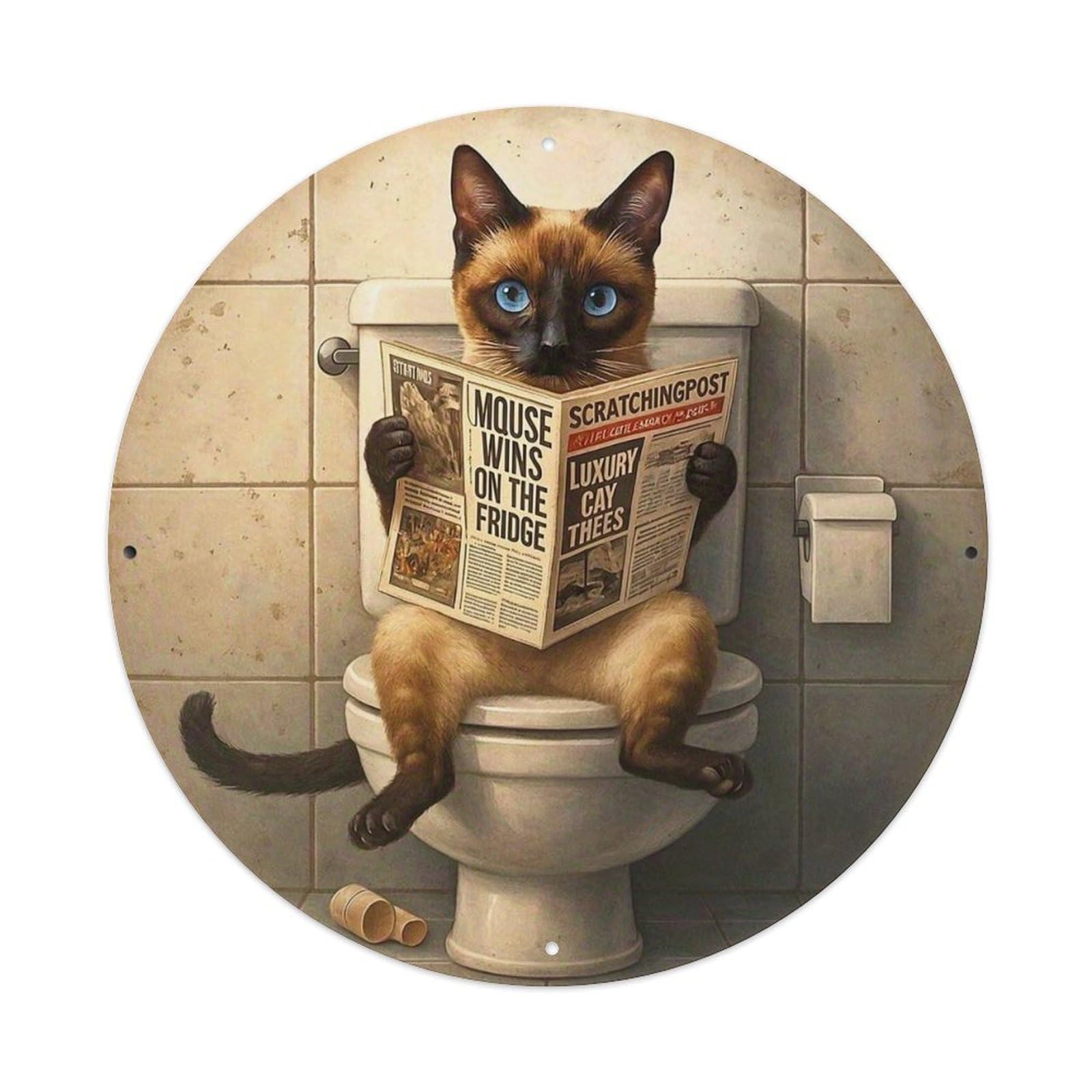 Cat Reading Newspaper On Toilet_1 Vintage Metal Tin Sign Retro Wall Decor for Home Bar Garage Cafe, Indoor & Outdoor Decorative，circle Metal Poster, 8x8 Inch