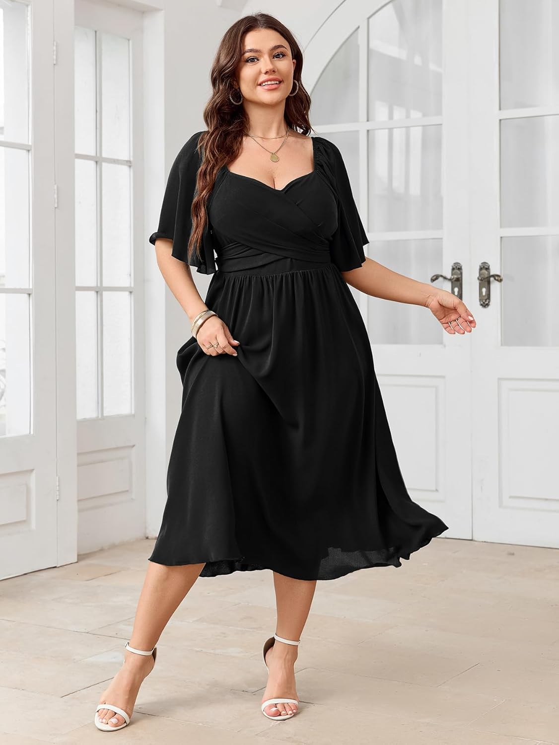 Women's Plus Size Midi Dress Sweetheart Neck Short Sleeve Wedding Guest Cocktail A Line Flowy Dress - Image 5