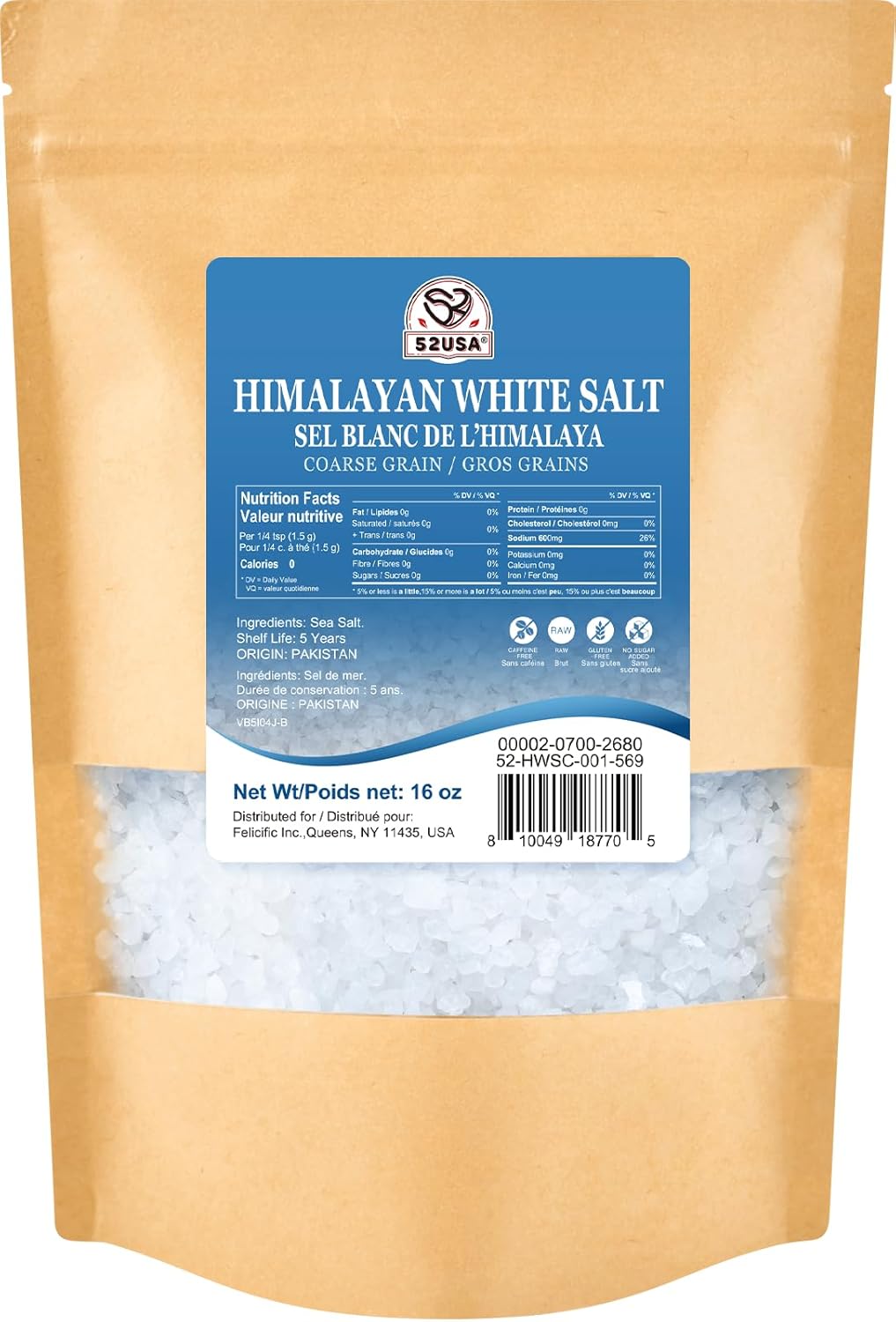 52USA Himalayan White Salt, Coarse Salt 16 oz (1 Pound), Salt for Grinder Refill, Non-GMO, All Natural Sea Salt, Kosher Salt (Pack of 1)