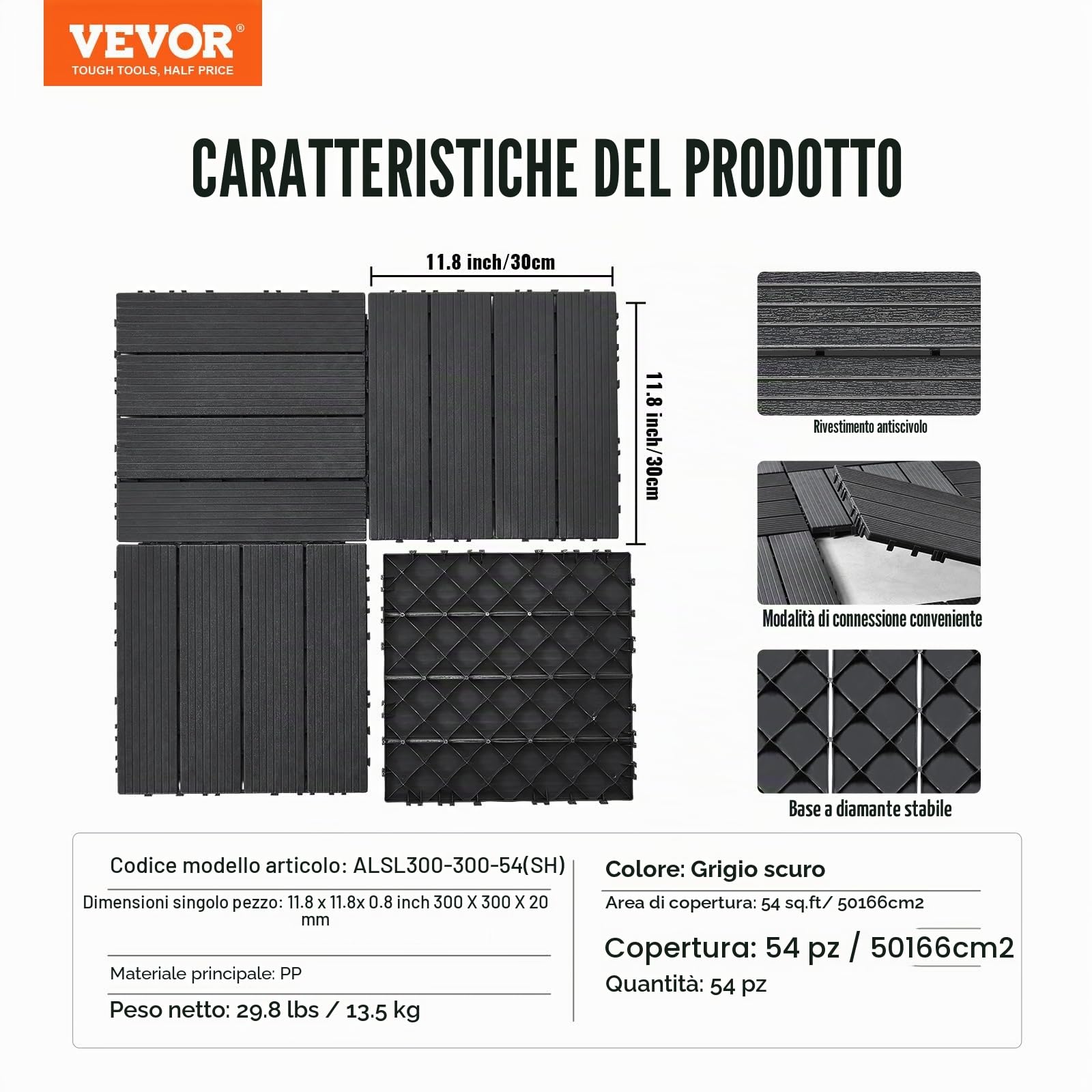 VEVOR Piastrelle per Patio ad Incastro 54 Pezzi 300 x 300 x 20 mm, Piastrelle Impermeabile in Plastica, Piastrelle per Tutte Le Condizioni Atmosferiche, per Portico Piscina Cortile, Grigio Scuro