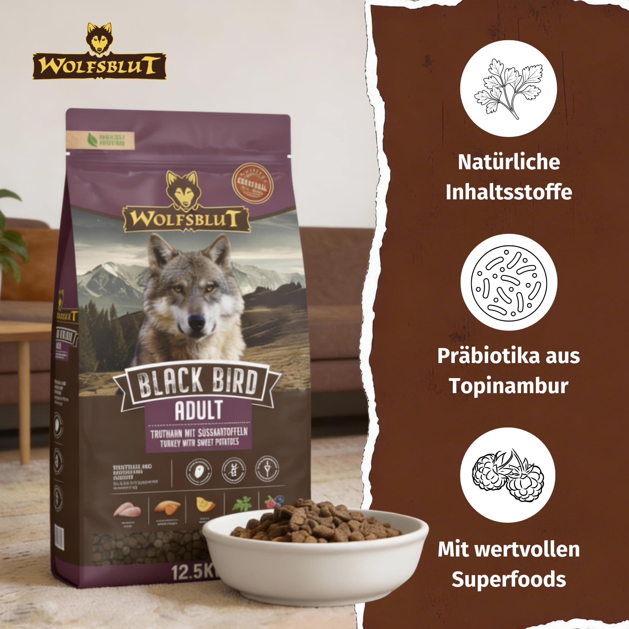 WOLFSBLUT – Black Bird Adult | Trockenfutter mit natürlichen Zutaten und Superfoods für ausgewachsene Hunde. Getreidefreies Alleinfutter ohne Zusatzstoffe im Beutel | 12,5kg Truthahn