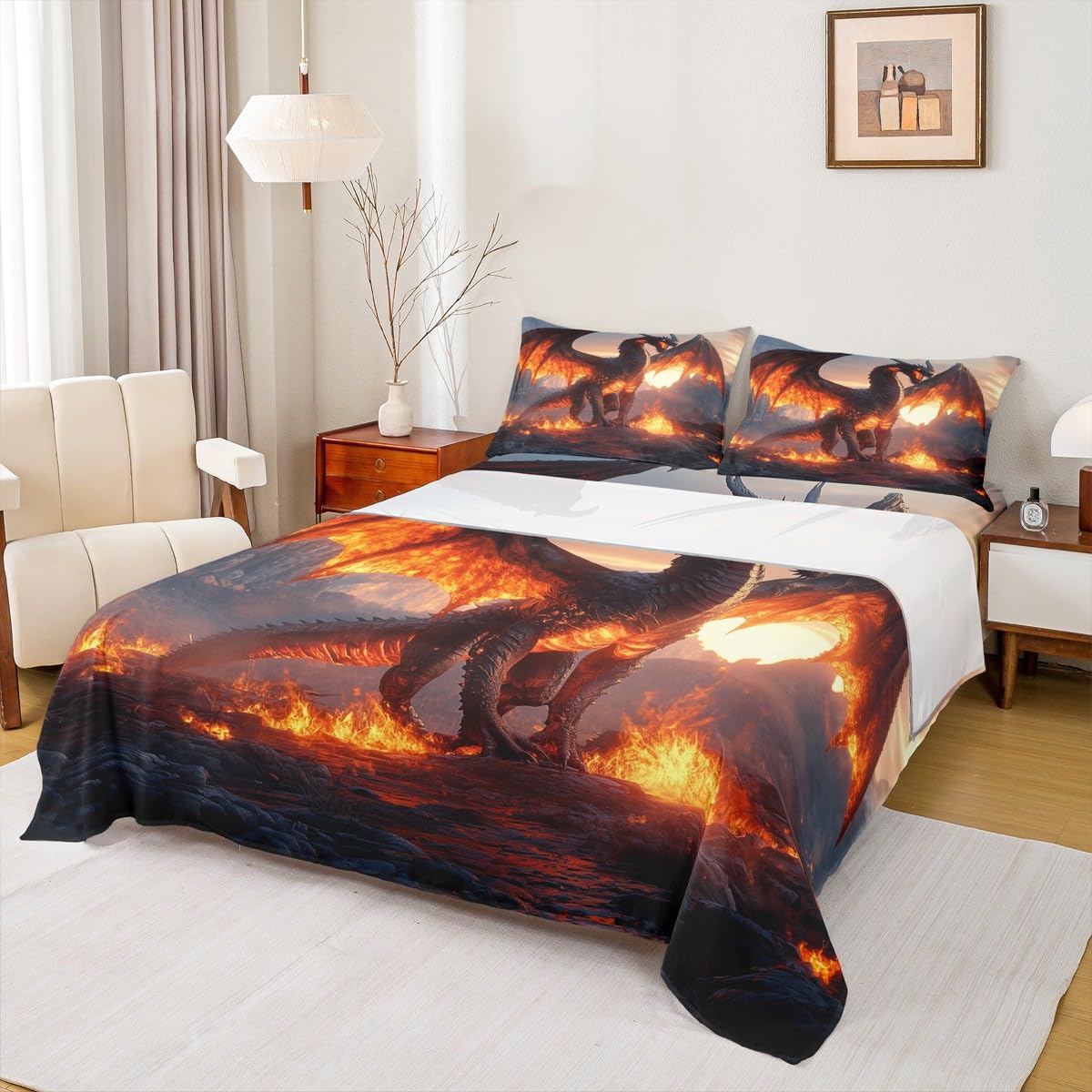 Erosebridal Black Dragon Bed Set Adult Boys Bed Sheets Set, Pterosaur Dinosaur Sheet Set Queen Wildlife Animal Sheets, Magic Dragon Top Sheet Kids