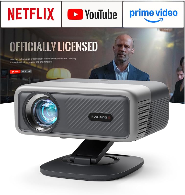 [Officially-Licensed APP & 2500ANSI] 4K Projector with WiFi and Bluetooth,3D Dolby Audio and Auto Focus Smart Projector,Outdoor Movie Home Theater Proyector with Omni-Adjustable Stand (grey)