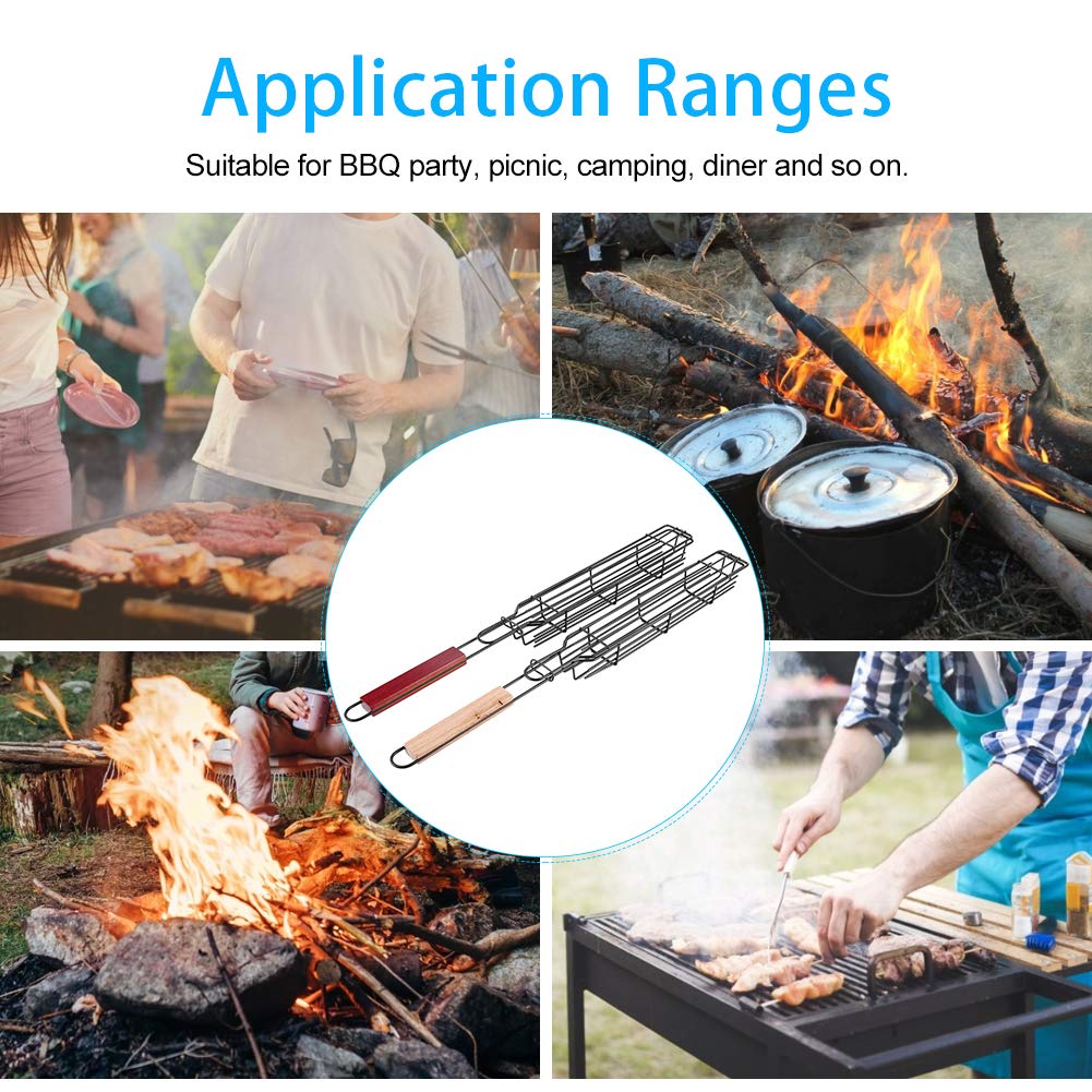 2 pièces paniers grille pour barbecue, grille de barbecue avec poignée en bois pour kebab, saucisse, légumes, poissons, crevettes, 49 x 4,7cm