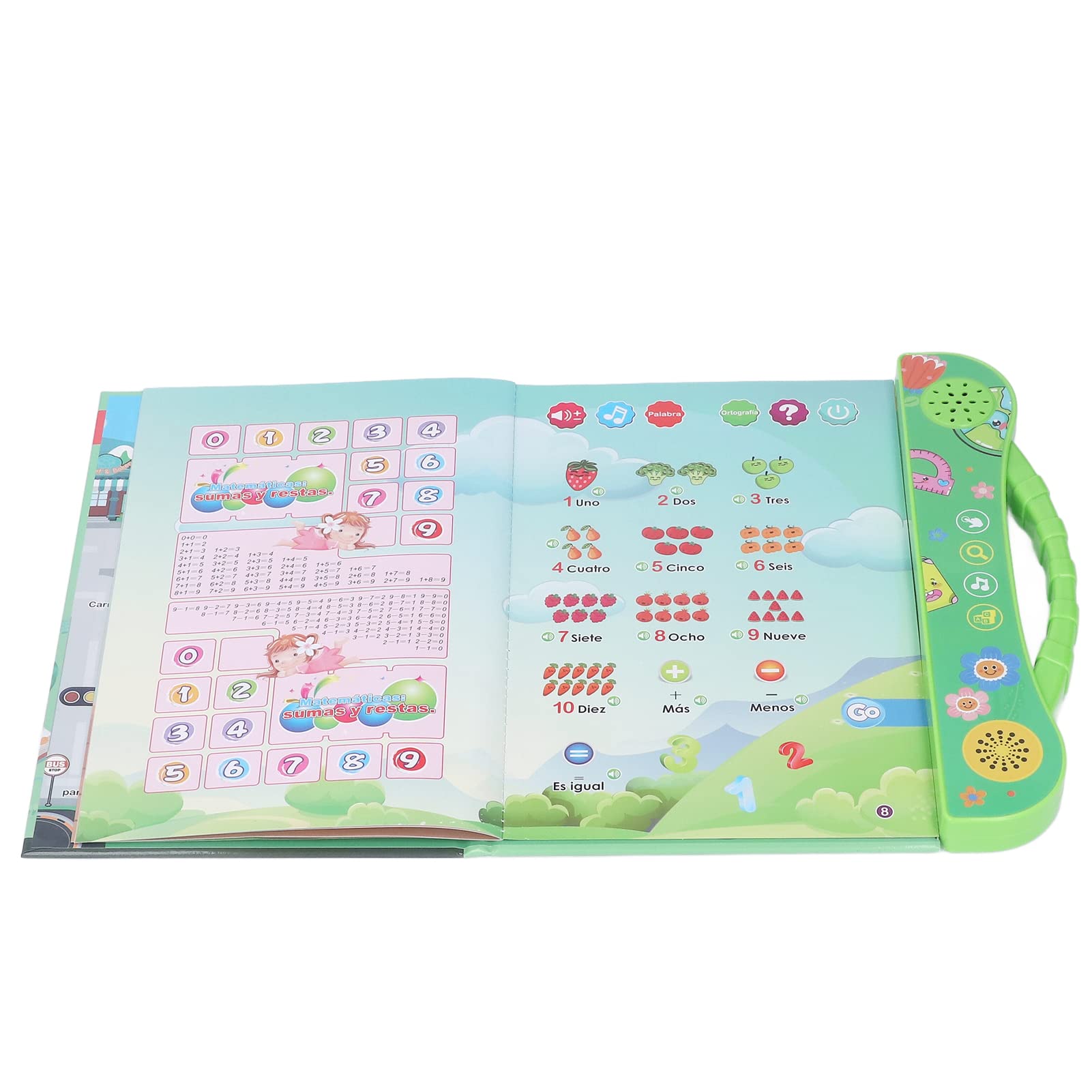 SIXRUN Libro Sonoro Educativo Interattivo Parlante Spagnolo per Bambini con Giochi e Storie, Impara lo Spagnolo per Bambini Verde, Plastica 10,0x9,1 Pollici
