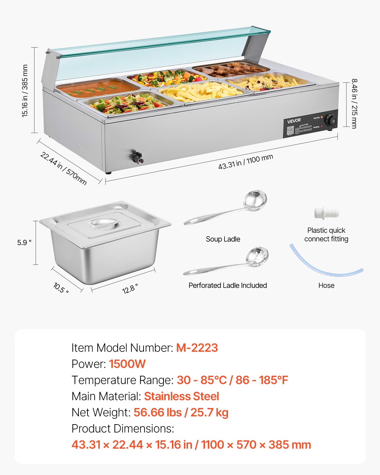VEVOR Scaldavivande Commerciale, Scaldavivande Elettrico in Acciaio Inox da 1500 W con Coperchio in Vetro, Bagnomaria da Banco a 6 Teglie di 1/2, con Riscaldamento Rapido e Mestoli Forati