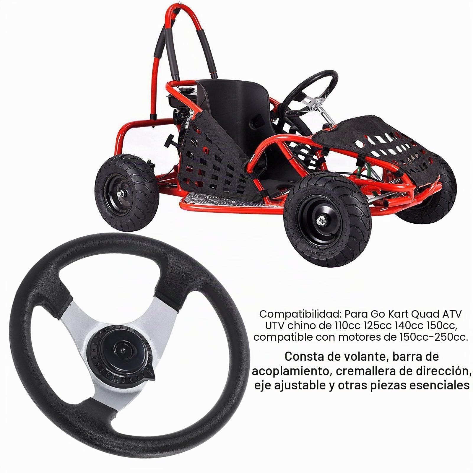 Kit de dirección Saluaqui para go-kart, piezas de volante ABS y goma, conjunto de volante negro con accesorios de instalación, metal, compatible con ATV y go-kart, motores de 150-250