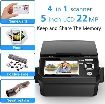 Film & Photo Scanner with 5 LCD Screen, Converts Photo, 135/110 Film Negatives & Slides, Business Card to 22MP Digital Photos, 8GB SD Card Included