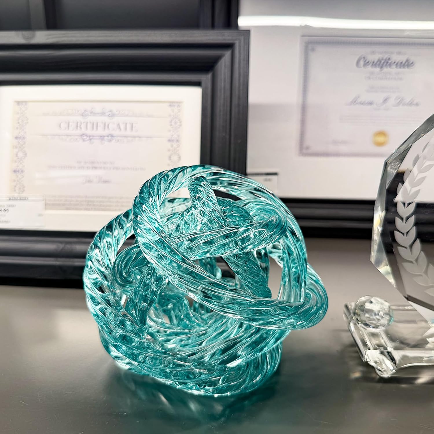 Glass Knot Teal Orbit Ball - 5 Inch Hand Blown Infinity Sculpture Decor Glass Orbit Home Decor Table Decoration Interio Art