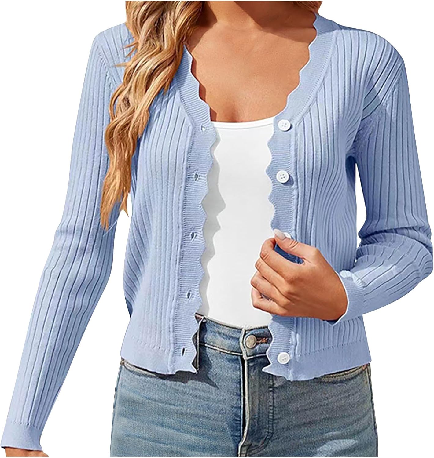 Fashion Cropped Cardigan for Women Long Sleeve Lightweight Button Down Ribbed Knit Fall Casual Loose Fit Tops