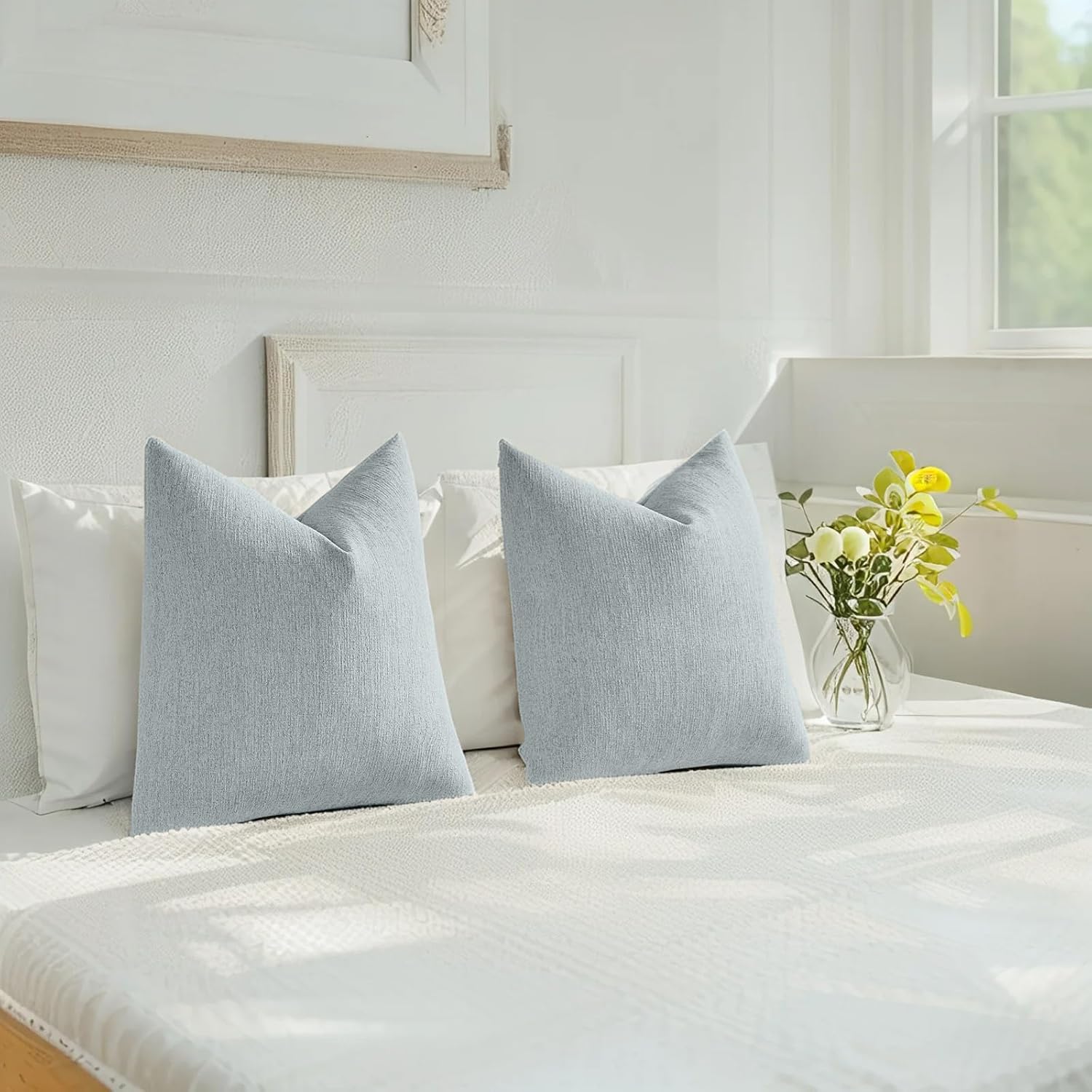 HAUSSY Dusty Blue Throw Pillow Covers 24x24 Inch Set of 2,Boho Decorative Faux Linen Throw Pillows Cozy Farmhouse Accent Cushion Covers,Home Decor for Couch Sofa Bed Living Room