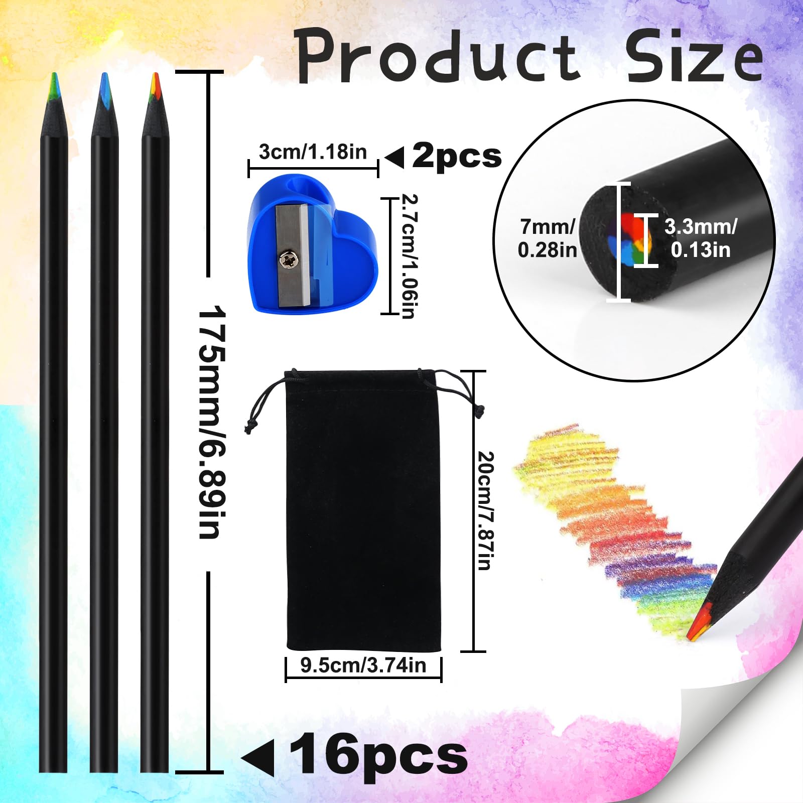 kayqbonke Pack of 16 Rainbow Pencils, 7 in 1 Rainbow Pencils Children, Thick Rainbow Colouring Pencils - Image 2