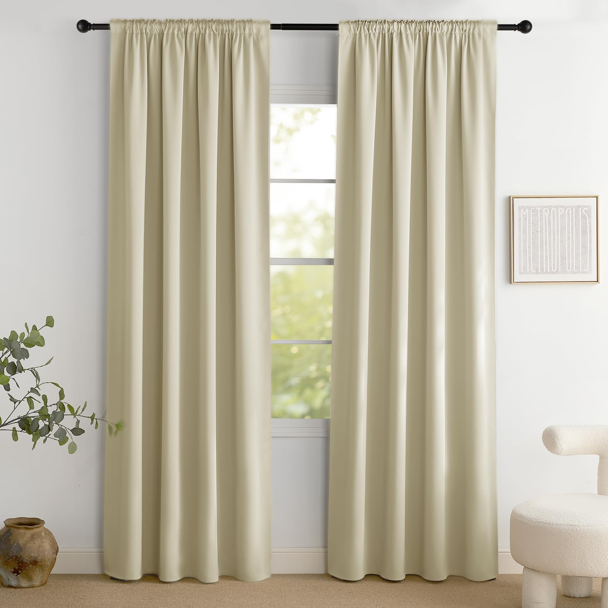 PONY DANCE 100% Tende Oscuranti Camera da Letto con Fettuccia Tende Termiche Isolanti Salotto Moderne Blackout Curtains per Interni 2 Pezzi L 140 x A 220 cm, Beige Chiaro