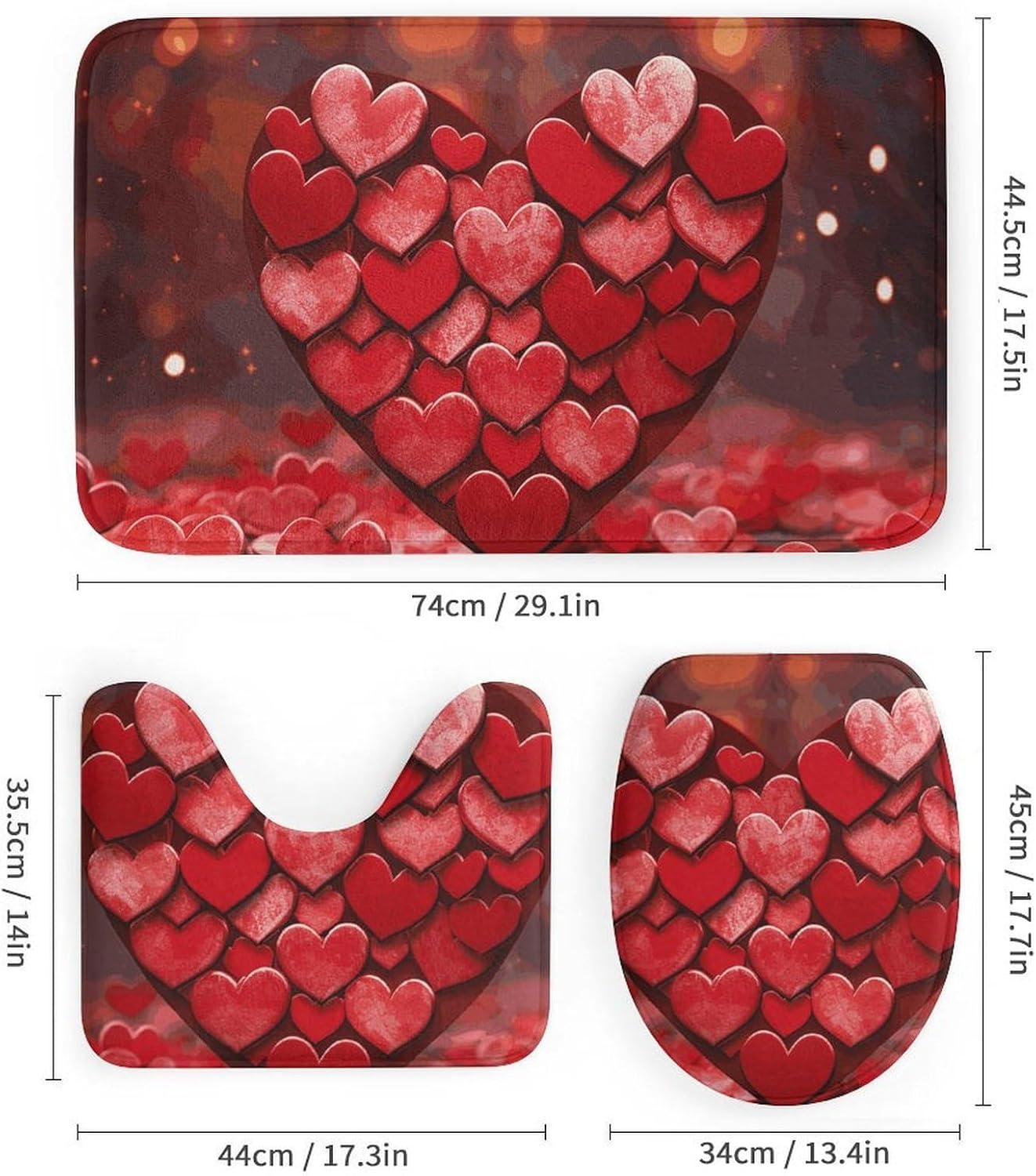 Hearts Love Shower Curtain Set 4 Piece, Non-Slip Bath Mat with Toilet Lid Cover and Waterproof Shower Curtain with 12 Hooks, Complete Bathroom Set for Home Decor
