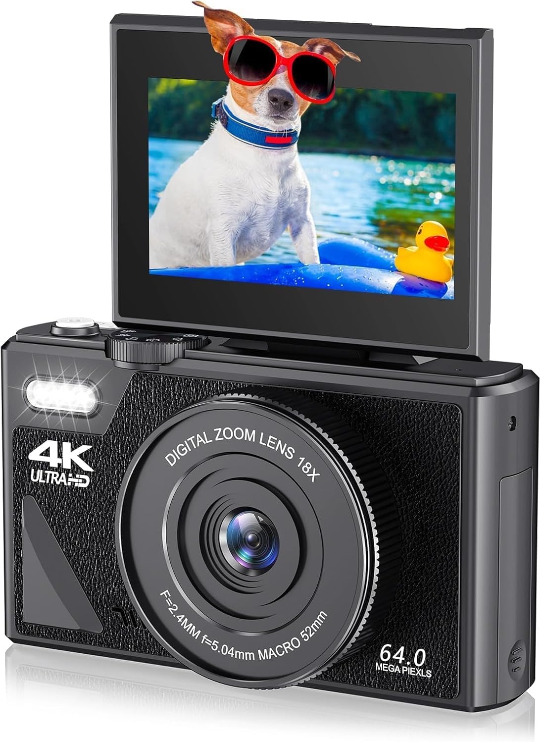 Digital Camera with Flip Screen LCD, UHD 4K 64MP Camera, Digital Point and Shoot Camera with 18X Zoom, Vlogging Camera for Travel Photography Vlogging (Black)