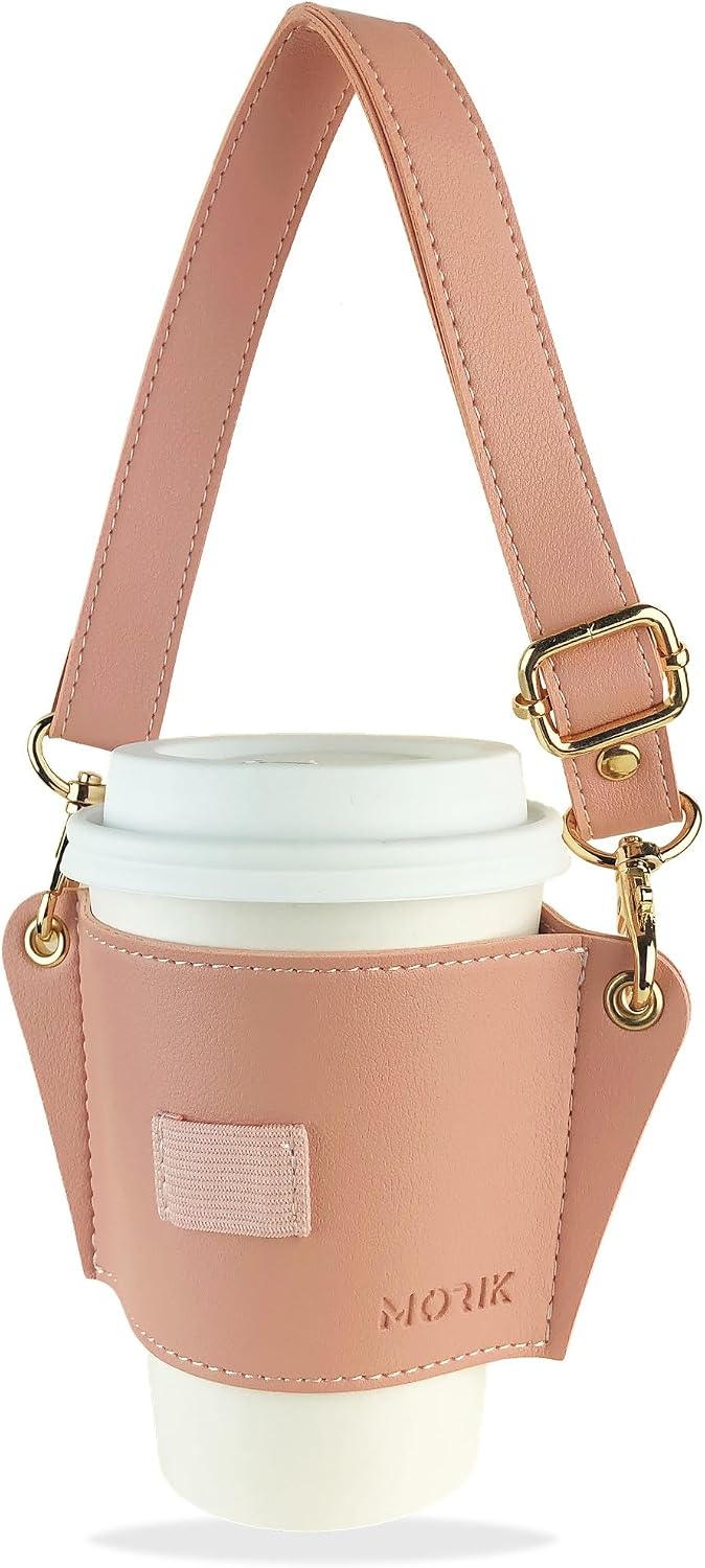 MORIK Drink Carrier with Adjustable Strap, Reusable Leather Coffee Cup Holder, Travel Coffee Cup, Cruise Drink Caddy for Small and Medium Cups Under 20 Oz (1st Generation) (Pink)