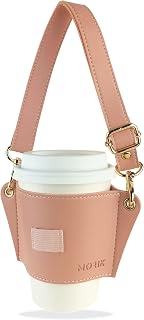 MORIK Drink Carrier with Adjustable Strap, Reusable Leather Coffee Cup Holder, Travel Coffee Cup, Cruise Drink Caddy for Small and Medium Cups Under 20 Oz (1st Generation) (Pink)