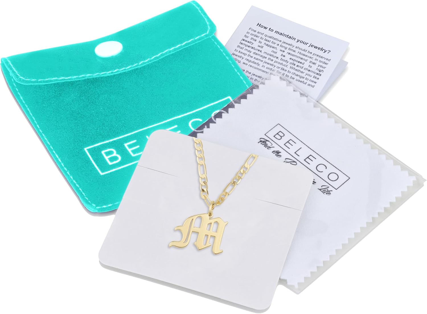 Beleco 14k Gold Plated Initial Pendant Necklace for Women – A-Z Letter Necklace with Figaro Chain, Old English Personalized Gold Alphabet Charm Jewelry