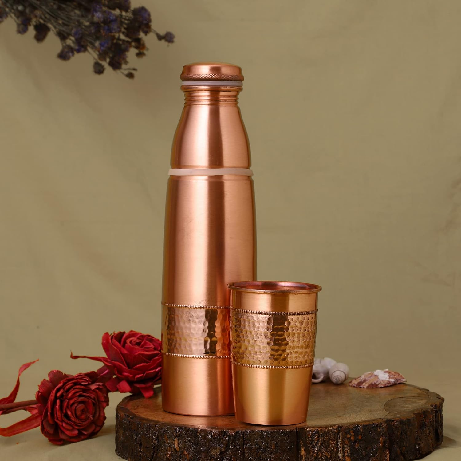 Copper Water Bottle 900 Ml (30.43 Fluid Ounce) with Tumbler, Joint-Free and Leak-Proof Bottle for Ayurvedic Health Benefit