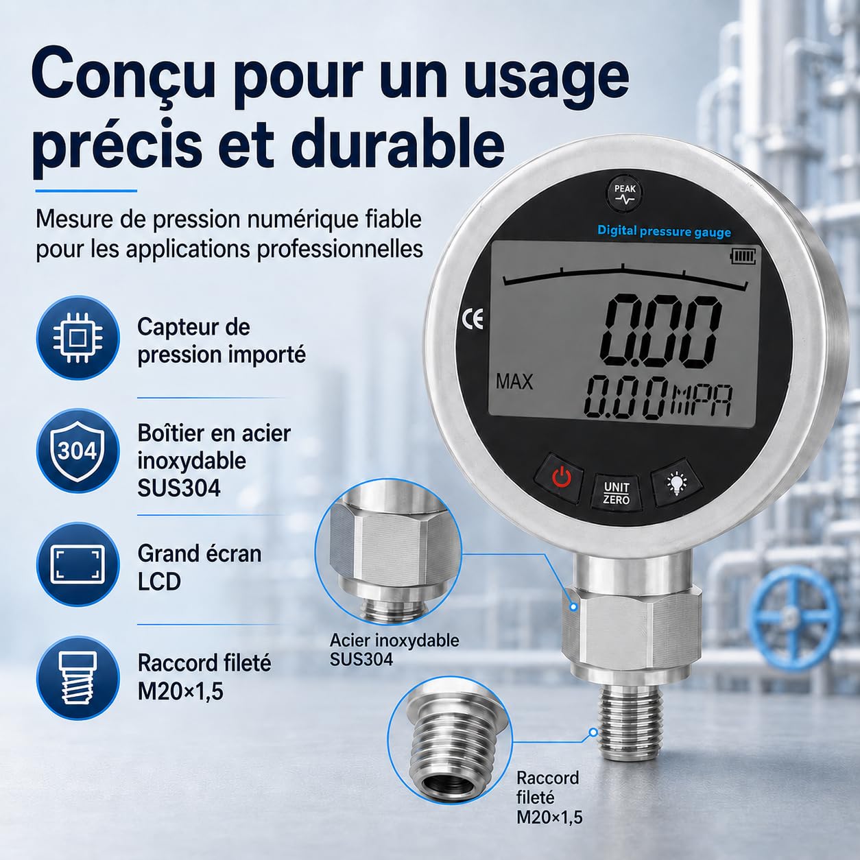 Manomètre Hydraulique Digital, Manomètre numérique hydraulique en acier inoxydable avec écran LCD éclairé pour eau, gaz, huile 400 bar, 0-40 MPa, 10000 PSI avec connecteur G1/4