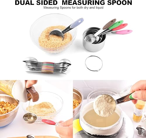 Vista 8 de EDELIN Juego de tazas medidoras y cucharas medidoras magnéticas, acero inoxidable, 5 tazas y 7 cucharas (multicolor)