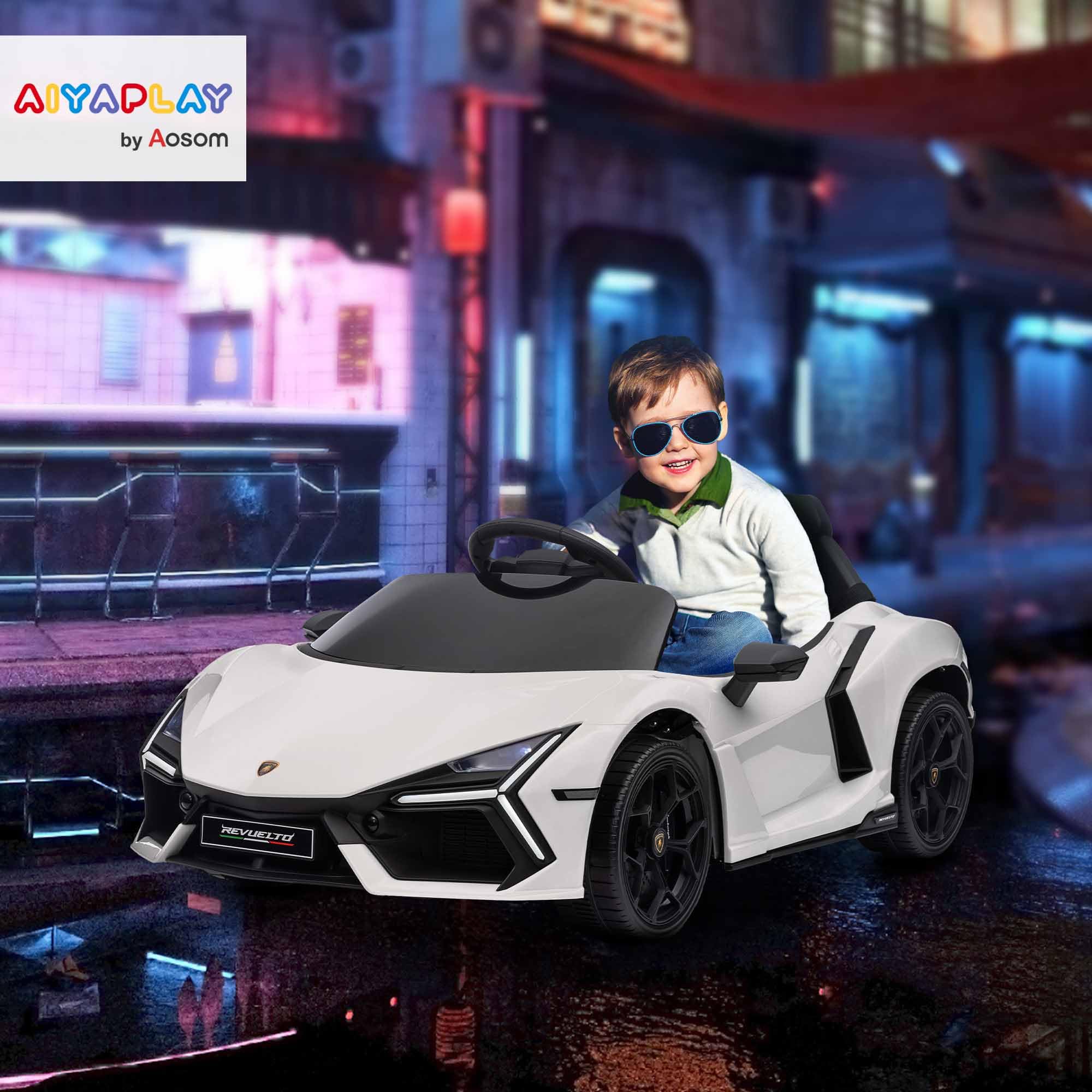 AIYAPLAY Macchina Elettrica per Bambini 12V Lamborghini Revuelto, Bianco | 3-5Anni, 3-5km/h, Auto Elettrica per Bambini, Porte a Farfalla, 2 Motori, Sospensioni, Telecomando, Musica, Rotelle, Fari