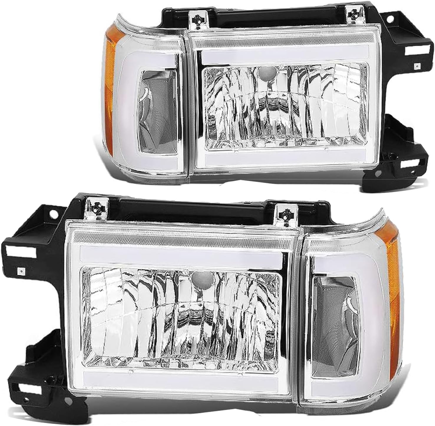 For 1987 1988 1989 1990 1991 Ford Bronco F150 F250 F350 Truck Headlight Assembly [w/LED C-Tpye Tube] Replacement for 87-91 Halogen Head Lights Headlamp,Driver and Passenger Chrome Housing Clear Lens