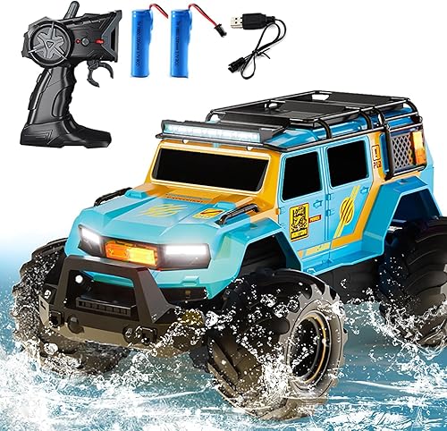 Coche de control remoto anfibio impermeable, Monster RC Cars 4WD todo terreno, vehículos de acrobacias, juguetes con luces LED de 2.4 GHz para niños