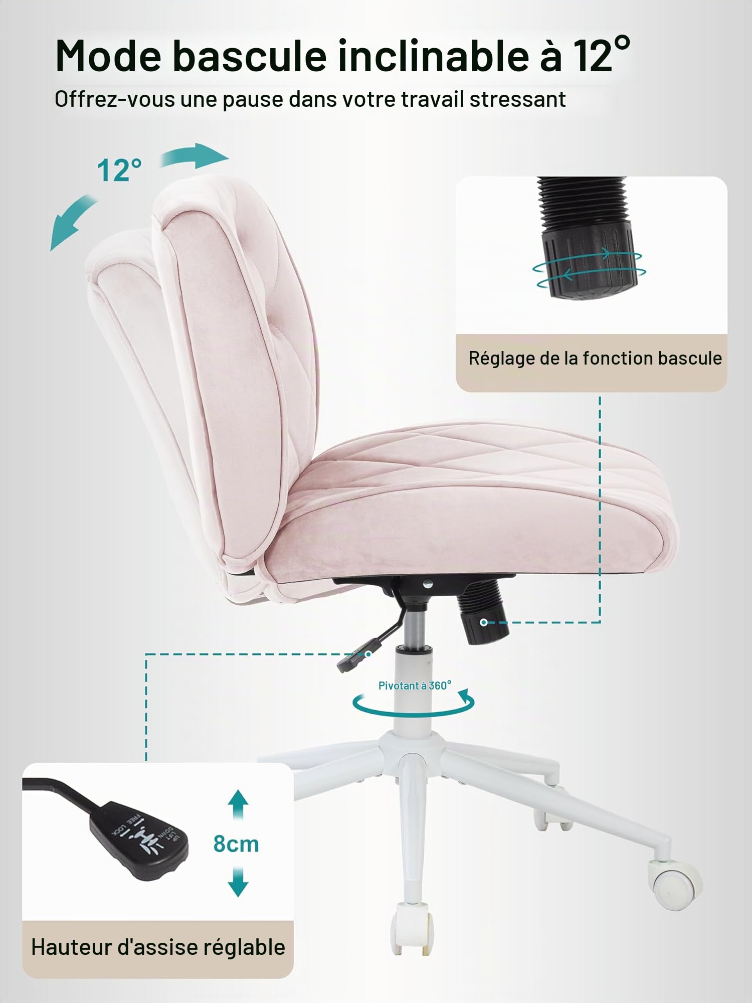 Symino Chaise de Bureau en Velours, Chaise pivotante Ergonomique, Design avec Diamants réglable en Hauteur, pour Bureau, Chambre, Coiffeuse, jusqu'à 120 kg, Filles Femmes