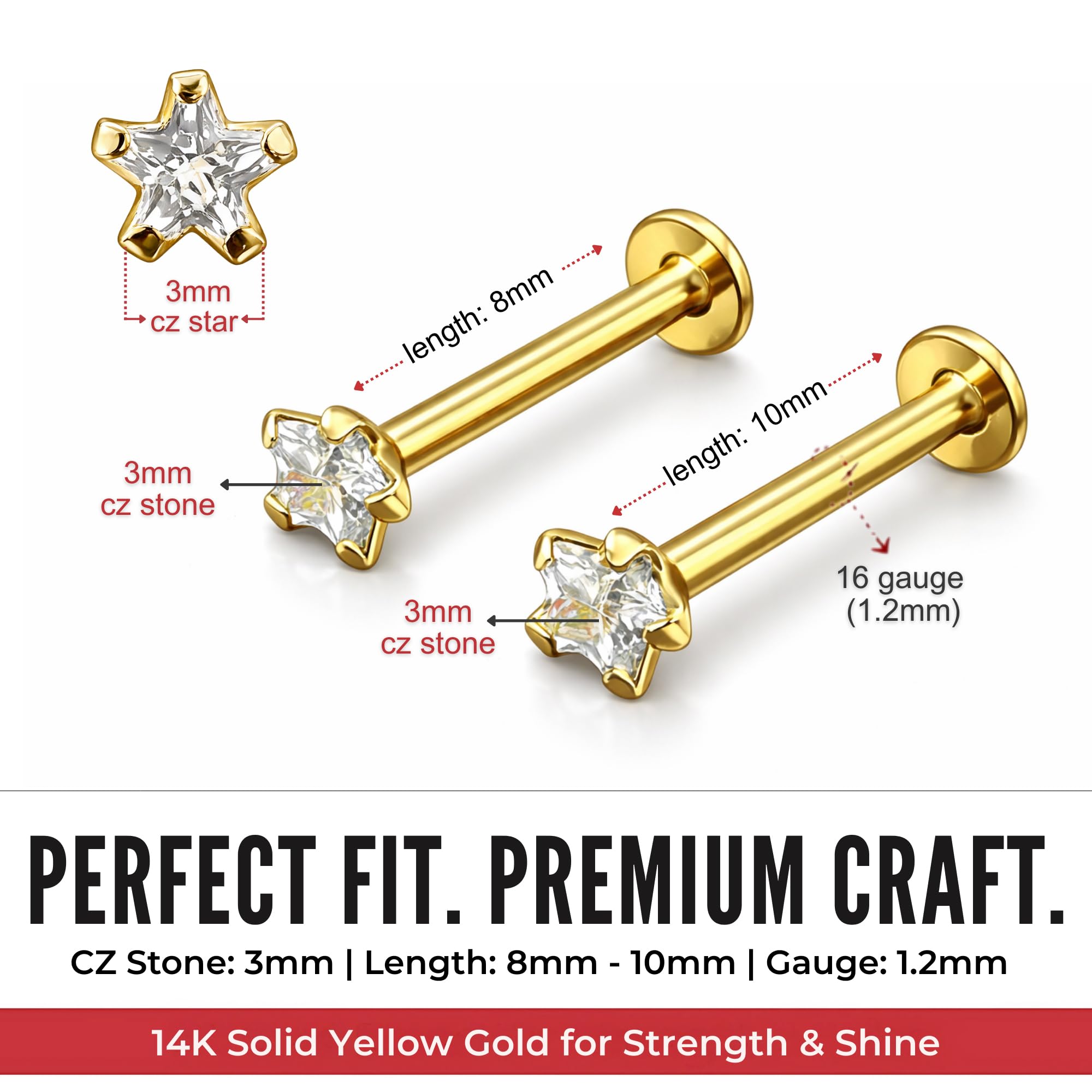 14K Solid Gelb Gold Klaue Set 3 MM Star CZ Stein internen Gewinde Top 16 Gauge Hollow Lippe Labret Tragus Bar Piercing-Schmuck