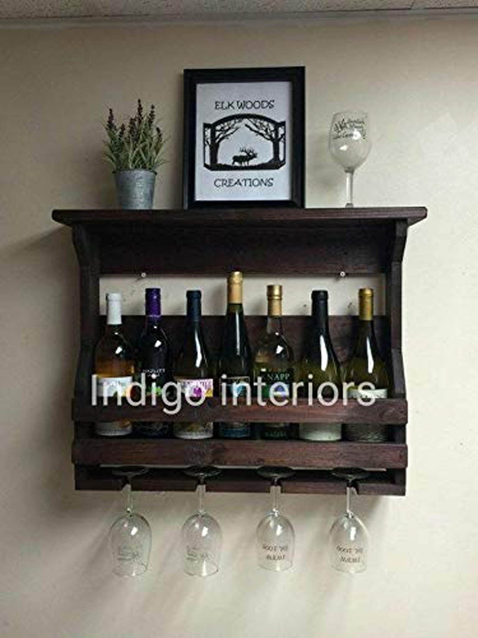 Indigo interiors Wall Hanging Design Bar | Bar Cabinets for Home | Mini Bar for Home | Solid Wood Make Wine Storage Cabinet with Glass Hanging Space- Finish10 3