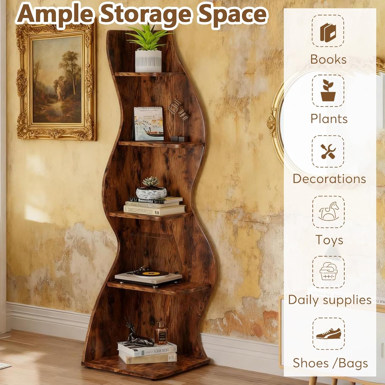 Anwick 5-Tier Wall Corner Bookshelf, 70'' Tall Display Storage Bookcase, Wavy Corner Shelf, Organizer Storage Rack Plant Stand,Floor Standing Bookcase, for Home Office, Living Room, Bedroom (Brown)