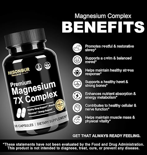 Miniatura 3 de Suplemento complejo de glicinato de magnesio, complejo de magnesio de 7 tipos con vitamina B6, glicinato de magnesio, citrato, malato y más, alta