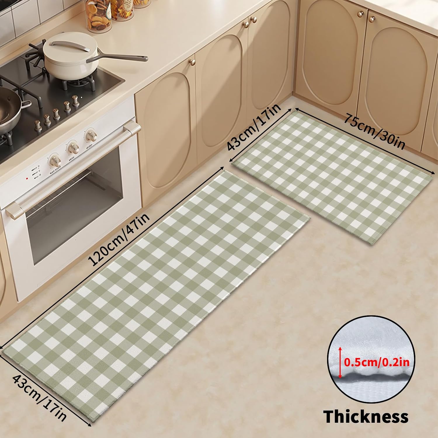 Sage Green Kitchen Rugs Modern Farmhouse Buffalo Plaid Kitchen Mats for Floor French Country Rustic Floor Mat Non-Slip Carpet Runner for Hallways Laundry Bedroom Bathroom, Set of 2